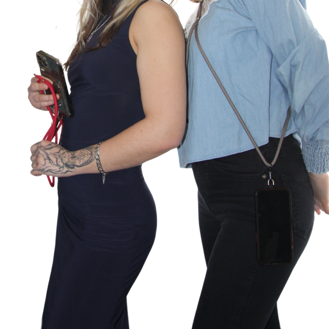 Two girls posing together wearing each a different colour crossbody phone strap ropes.